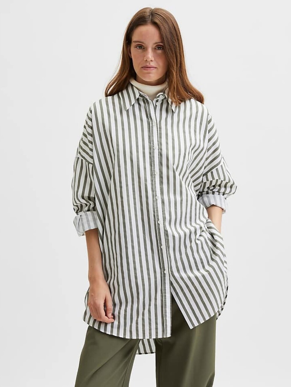 Selected Femme Long Striped Cotton Shirt White Khaki Stripes Ovetsized EU 38